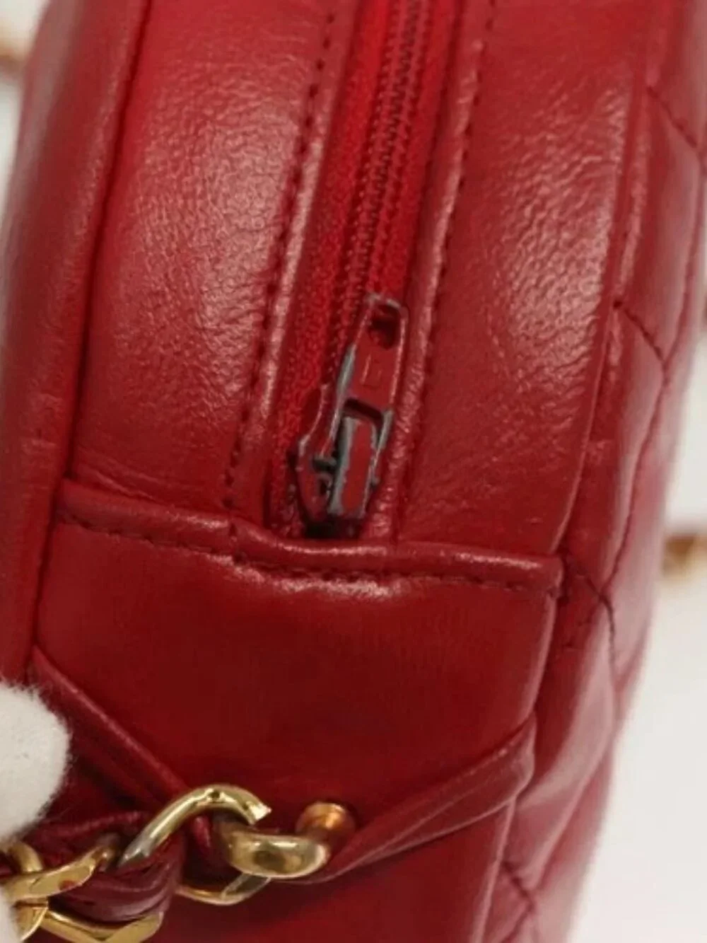 CHANEL Chain Shoulder Bag Lamb Skin Red Gold CC Auth 127505